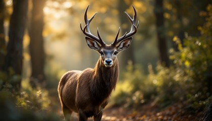 Obraz premium Majestic Deer Standing Alone Surrounded By Sunlight Surrounded By Trees and Green Leaves in a Lush Forest, the Animal in Focus, Natural Lighting And Wildlife