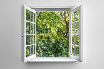 Obraz premium White window opened to lush green forest. Ideal for nature, peace, tranquility themes.