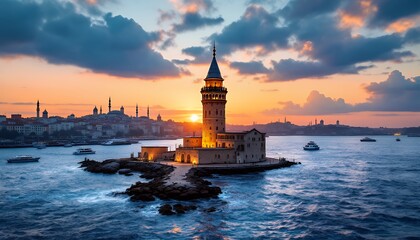 Fototapeta premium A beautiful photo of the iconic Maiden's Tower at sunset in Istanbul reflecting the golden light of the sunset over the water located on the water