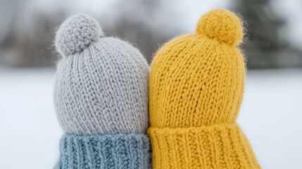 Knitted hats, winter, children, snow, outdoors, cozy, friendship, fun