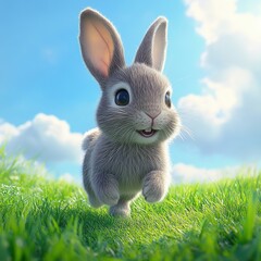Fototapeta premium Adorable Bunny Rabbit Hopping Joyfully Across Green Grassy Field Under a Sunny Sky