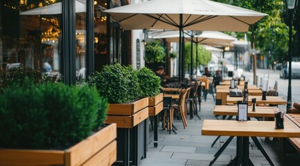 Picturesque Parisian Outdoor Cafe Tables and Chairs under Umbrellas