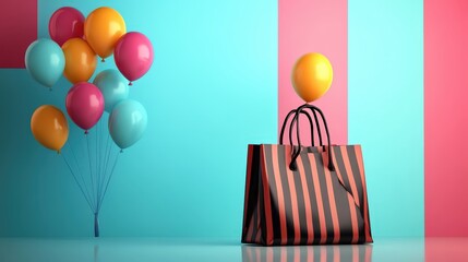 Colorful Balloons and Striped Bag in Bright Blue and Pink Background