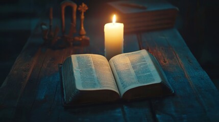Illuminated Ancient Book Under Candlelight