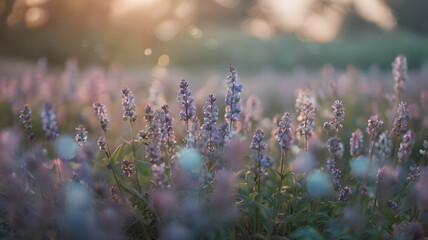 Sun-kissed Lavender Field: A sea of lavender blossoms bathed in the soft glow of the rising sun. The delicate purple hues and ethereal glow evoke a sense of serenity and tranquility.