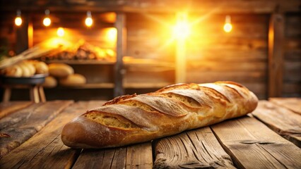 Detailed drawing of a crusty baguette with a rustic wooden table and a warm sunlight background, bakery, rustic,  bakery