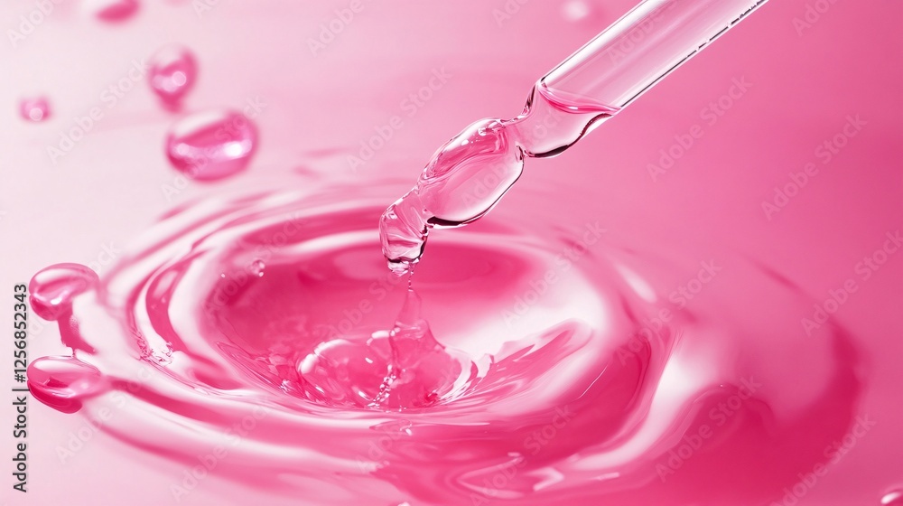 Poster pipette dripping pink liquid creating splash and ripples