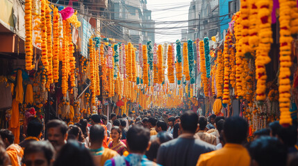 Kolkata city streets filled with marigold flower decorations and colorful cloths hung along the road during Poila Boishakh, Ai generated images