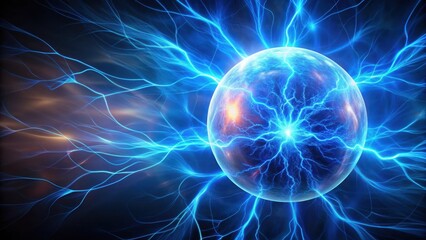 Fototapeta premium Electric blue glowing plasma ball suspended in mid-air against a dark abstract background, cosmic, blue lightning