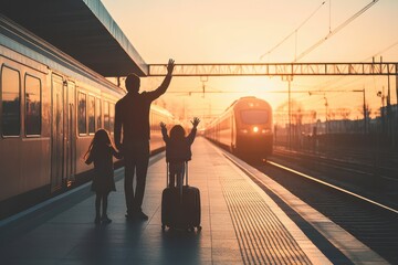 Father and Children Waiting at Train Station During Sunset Magic
