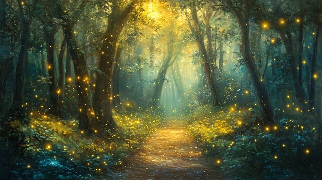 Enchanting Firefly Forest Path Magical Summer Night in a Mystical Wood