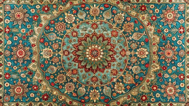 Traditional Persian rug with intricate circular patterns and floral motifs in shades of blue, green and red, persian rugs, floral patterns