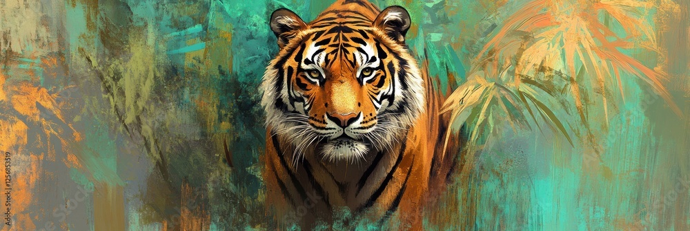 Leinwandbilder portrait of a tiger in a vibrant jungle setting with space for personalized text or message. generat
