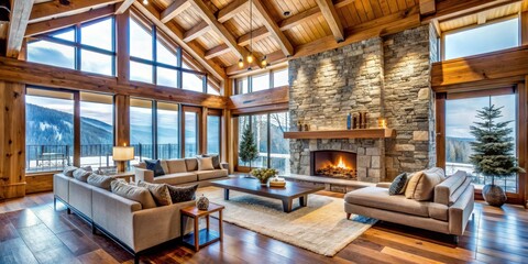 Fototapeta premium Snowy modern villa with a large stone fireplace and wooden beam ceiling in living room , villa, modern, villa, modern