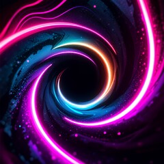 Abstract art with neon colors depicting a colorful vibrant swirl in a neon theme with a dark background neon lighting