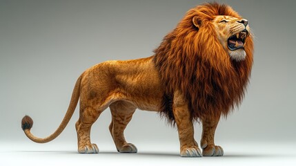 Obraz premium Majestic lion roaring fiercely, showcasing its vibrant mane against a neutral backdrop