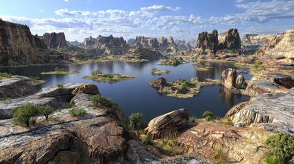 Scenic Rocky Landscape with Calm Water and Lush Vegetation Under a Blue Sky and Fluffy Clouds