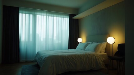 Serene Hotel Room with Soft Lighting and Sheer Curtains