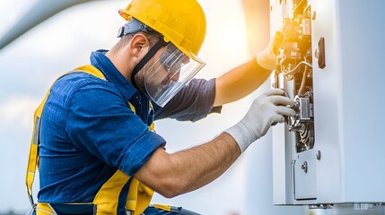 Close up medium shot of a wind turbine technician inspecting and maintaining the lubrication systems wearing full personal protective equipment PPE