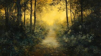 Obraz premium Golden Hour Forest Path Serene Woodland Scene at Sunset
