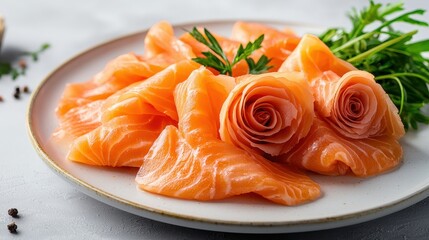 Fresh, elegantly arranged slices of salmon with decorative rose shapes, garnished with herbs on a plate, perfect for sushi or gourmet meals.