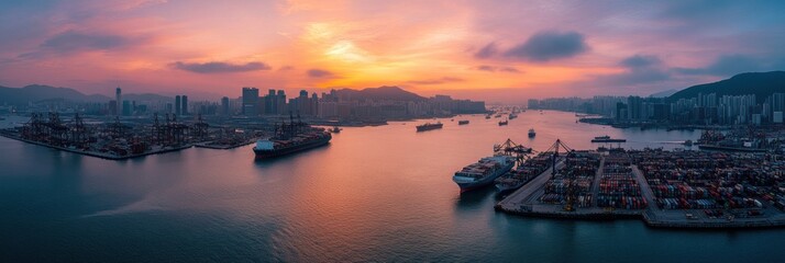 Hong Kong Harbor Sunset: A Panoramic View of Container Ships and City Skyline