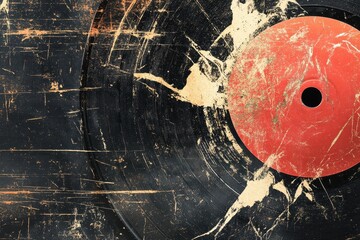 Damaged vinyl record with red label exhibits aged texture