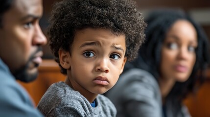 Obraz premium A dramatic courtroom scene with parents fighting over custody, as the child looks on anxiously from the corner