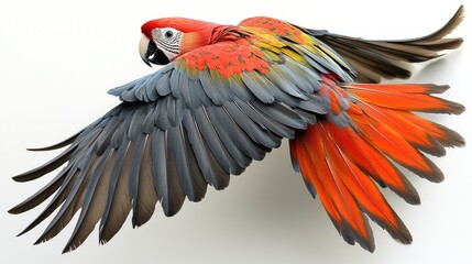Fototapeta premium Vibrant scarlet macaw in mid-flight showcasing colorful plumage against a white backdrop