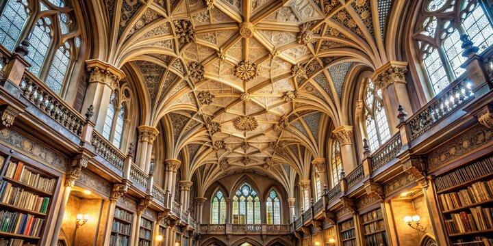 High vaulted ceiling with intricate stone carvings and ornate plasterwork , Gothic Revival, library,  Gothic Revival - Powered by Adobe