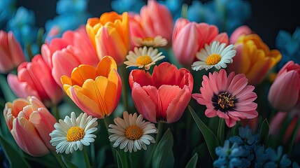 Vibrant bouquet of mixed tulips and daisies in a soft-focus background, showcasing spring beauty