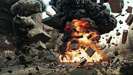 Dynamic video scene of a city explosion, captured from a low-angle, showcasing debris and flames in a dramatic, cinematic style.