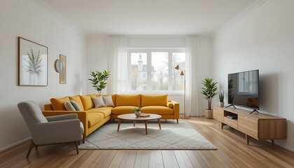Fototapeta premium Modern living room interior design with mustard yellow sectional sofa, light grey armchair, wooden TV stand, and white walls