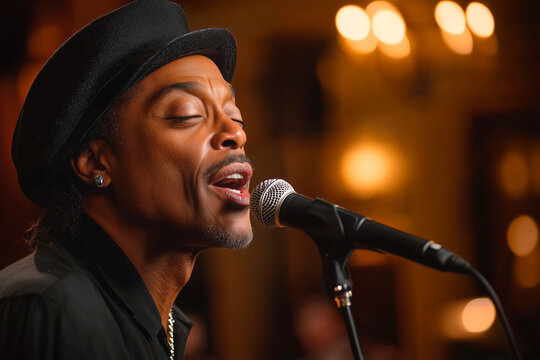 Charismatic african american jazz singer performing live on stage - Powered by Adobe