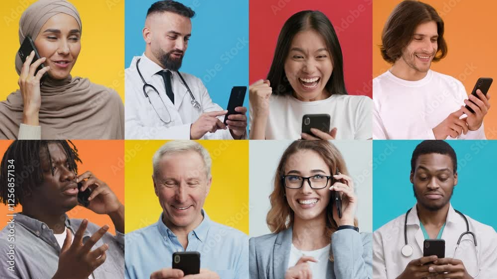 Aufkleber a group of individuals from different backgrounds engages with smartphones, showcasing a range of em
