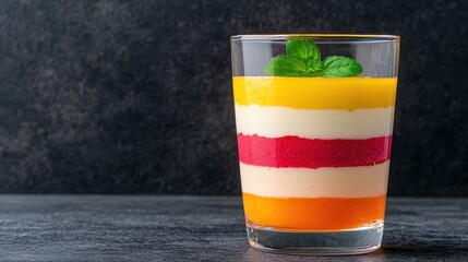 A vibrant layered dessert in a clear glass, featuring colorful stripes of orange, yellow, red, and white, garnished with a mint leaf.