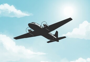 Obraz premium Airplane Flying in Sunny Sky with Clouds