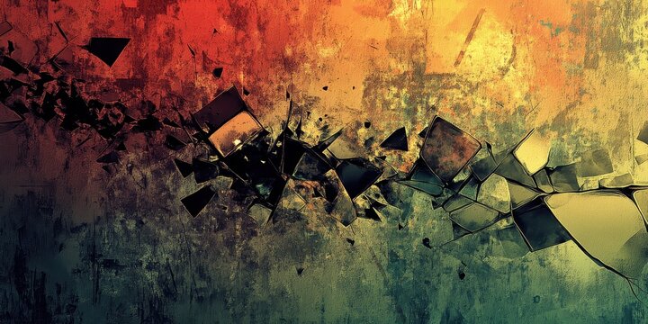 Abstract shattered cubes and triangles on an orange green background