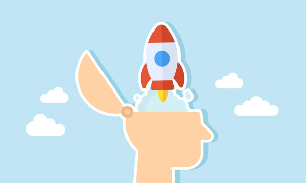 A rocket launching from inside a head, illustration of emerging business ideas and innovations