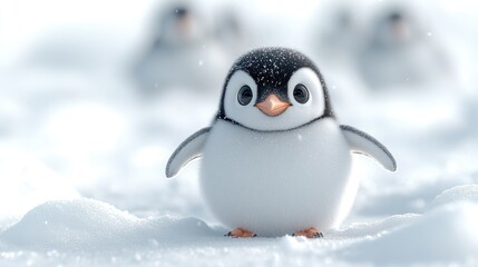 Fototapeta premium Adorable penguin chick standing in snowy landscape with other penguins blurred in background