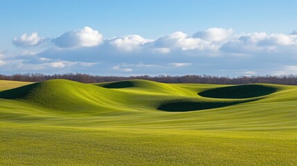 Fototapeta premium Rolling Green Hills Under a Bright Blue Sky with Clouds