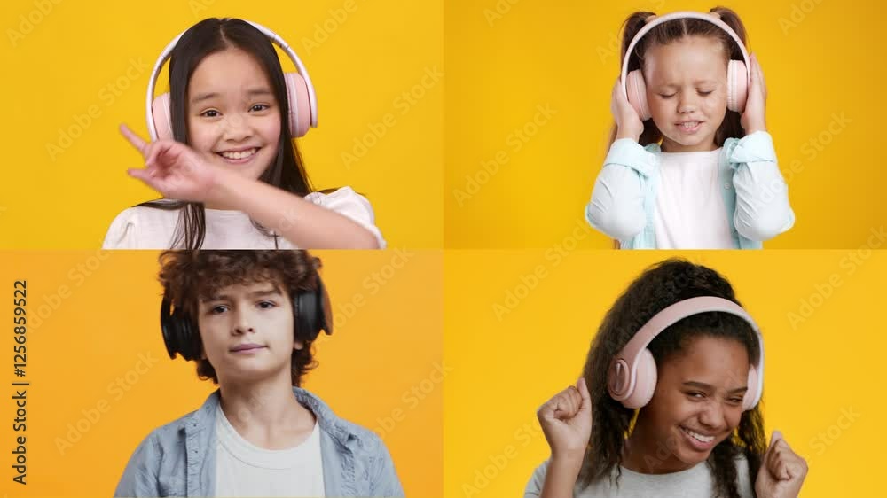 Poster four children are listening to music through headphones, each displaying different expressions of en