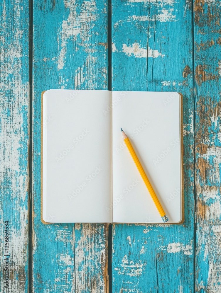 Fototapete open notebook with a yellow pencil resting on a bright wooden desk in a spacious setting ready for w