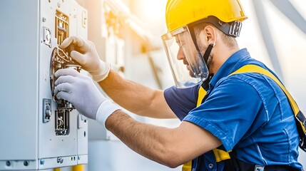 Close up of a skilled wind turbine technician in full personal protective equipment PPE carefully inspecting the lubrication systems of the machinery