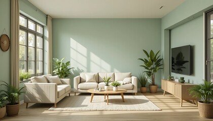 Fototapeta premium Modern Light Green Living Room with Beige Sofa, Plants, and Wooden TV Stand