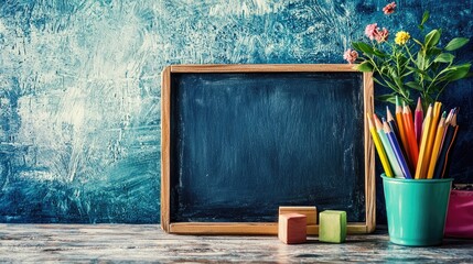 Colorful stationery and a blank chalkboard against a textured blue background with flowers