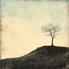 Solitary bare tree sits atop a grassy hill