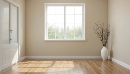 Fototapeta premium Empty Light Beige Room with White Door, Window, and Vase of Branches