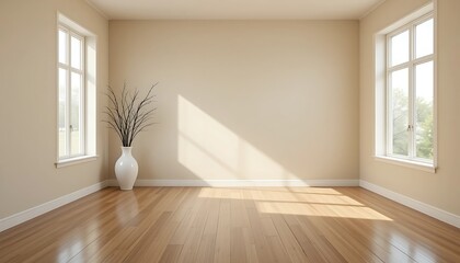 Fototapeta premium Empty Modern Room with Sunlight Streaming Through Windows, Minimalist Interior Design