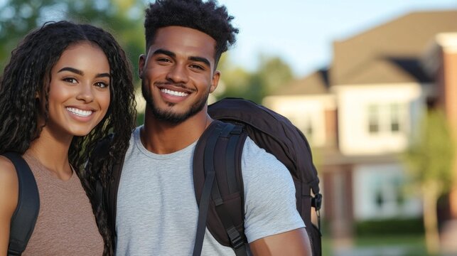 Happy couple smiling for the camera outdoors backpacks on their shoulders. Generative AI - Powered by Adobe